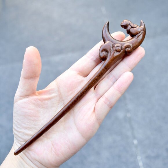 Moon Rabbit Wood Hair Stick - Chinese Hairpin - Picture 3 of 6